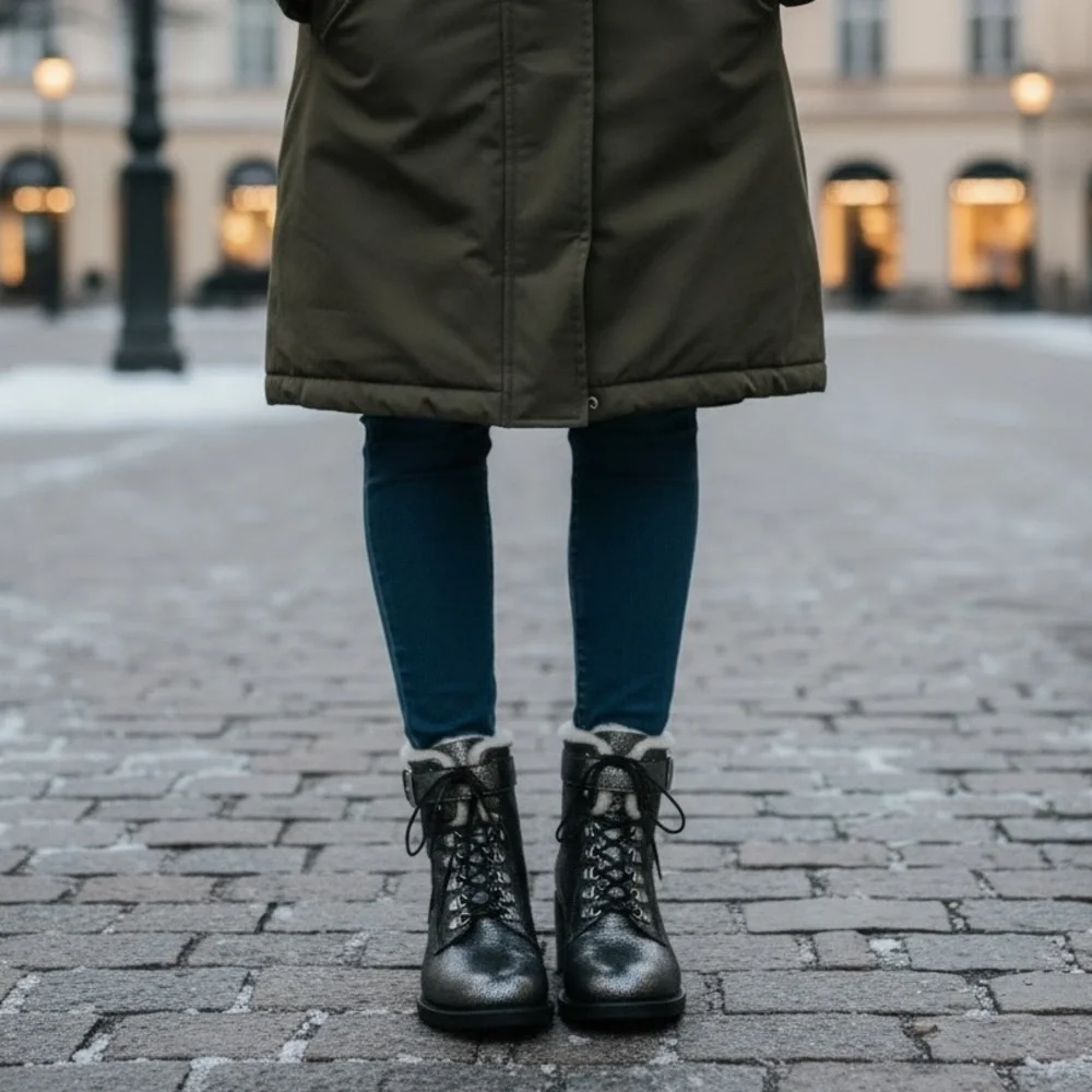 FREE LANCE Paris Shearling Lined Leather Combat Boots EU 39 Silver Metallic - Picture 9 of 14